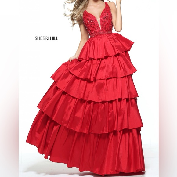 Sherri Hill Black Beaded Ruffle Tiered Prom Dress - Picture 13 of 14